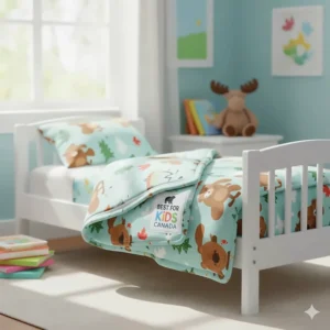 A child-sized weighted blanket with a removable, washable cover, ideal for Canadian families and sensory support.