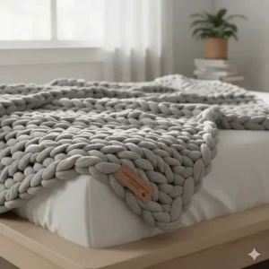 A chunky hand-knitted weighted blanket (couverture lestée) without glass beads, offering a stylish look for Canadian homes.