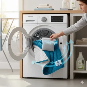 Illustration showing a machine-washable weighted blanket cover, highlighting ease of care for Canadian consumers.