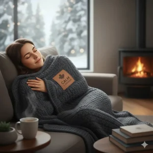 A person relaxing with a weighted blanket for anxiety relief, showcasing the calming benefits of the best weighted blanket in Canada.