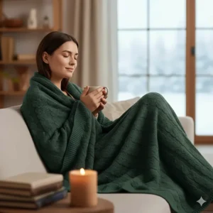 A person relaxing in a living room wrapped in a calming, clean, washable weighted blanket cover.
