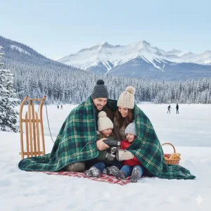 A battery powered heated blanket folded neatly inside a Canadian winter car emergency kit alongside a snow brush and first aid.