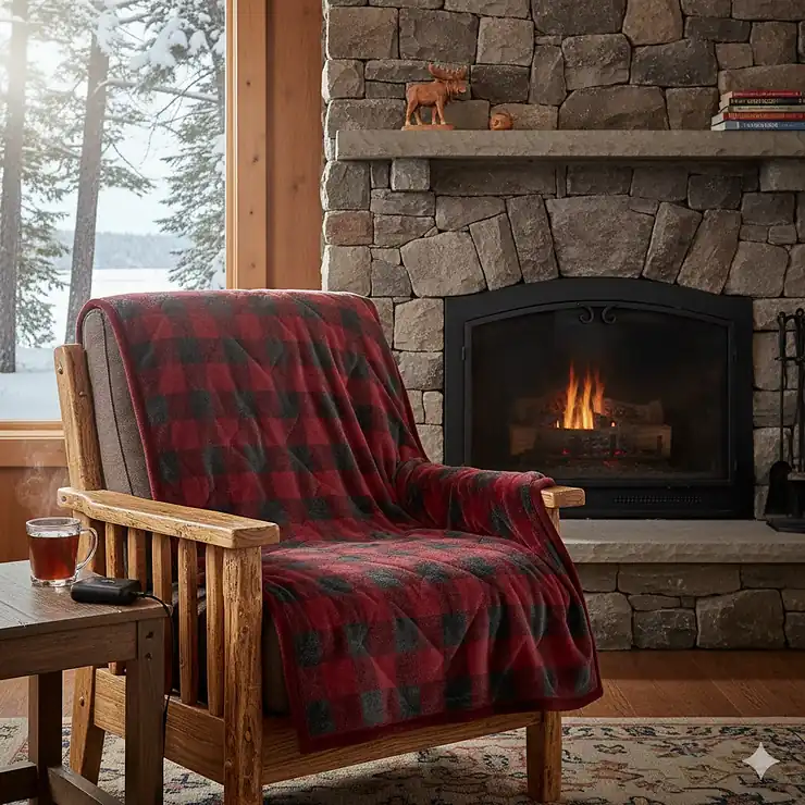 A red buffalo plaid battery powered heated blanket draped over a wooden chair in a cozy Canadian log cabin with a snowy lake view.