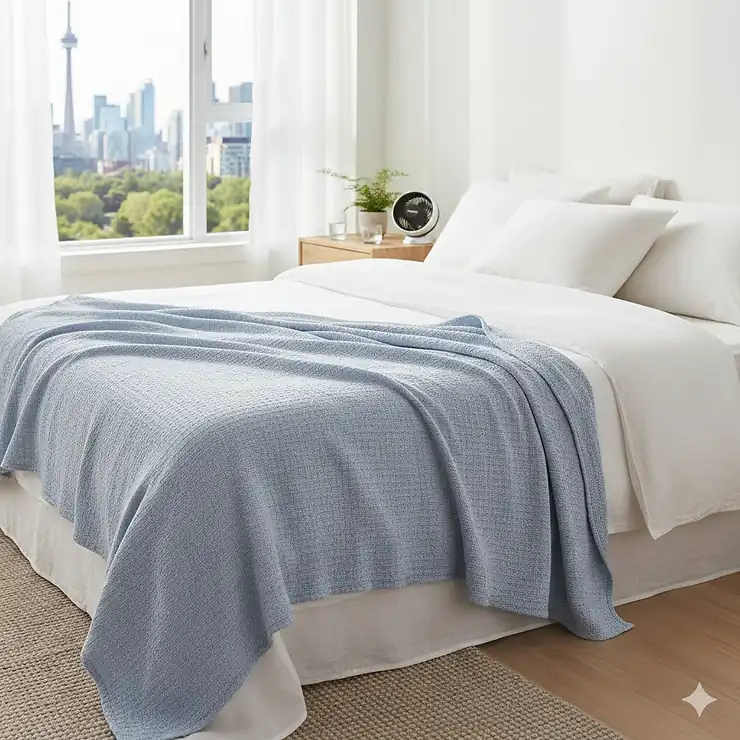 A lightweight blue cooling blanket draped over a bed in a bright Canadian home, perfect for hot summer nights in Toronto or Vancouver.