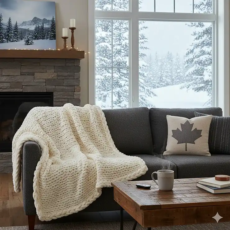 A cozy living room in a Canadian home featuring a high-quality electric blanket draped over a sofa, with snow visible through the window and a warm cup of tea nearby.