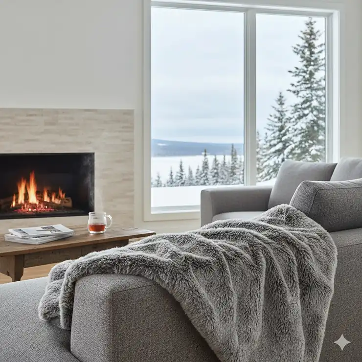 A cozy grey faux fur throw blanket draped over a modern sofa in a Canadian living room with a snowy window view.