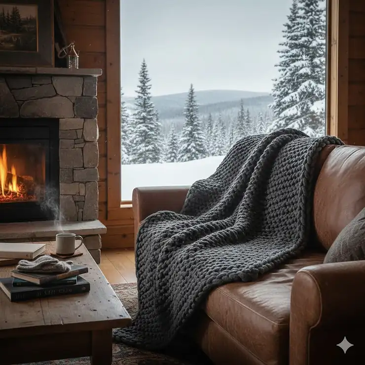 A cozy living room in a Canadian log cabin featuring a premium grey merino wool blanket draped over a sofa with a view of snow-covered pines.
