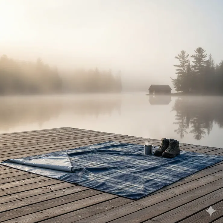 A premium waterproof outdoor blanket spread on a wooden dock overlooking a foggy Canadian lake at sunrise.