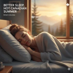 Illustration of a well-rested person under a thin summer blanket during a warm British Columbia evening.