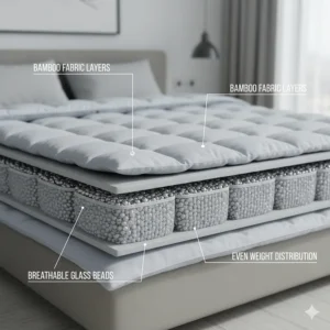 Diagram of non-toxic glass bead filling providing even weight distribution in a summer cooling weighted blanket.