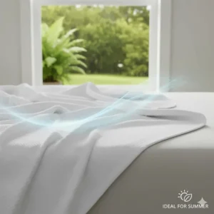 Lightweight organic cotton blanket showing air circulation, ideal for warm Canadian summer nights.