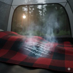 Close-up illustration showing the moisture-wicking and breathable properties of a red plaid camping wool blanket in a damp forest setting.