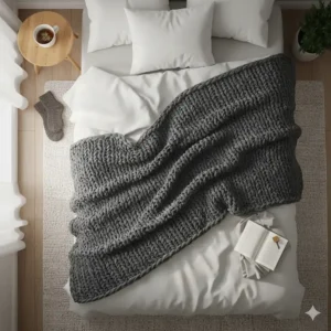 A flat-lay illustration of a modern Canadian bedroom aesthetic featuring a chunky knit merino wool blanket as a decorative accent piece.