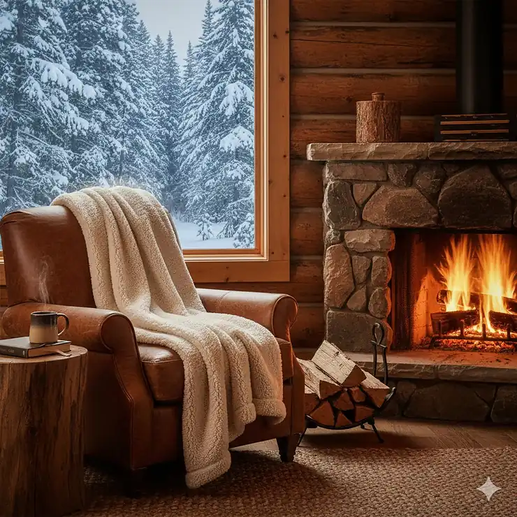 A cozy Canadian cabin interior featuring a thick sherpa fleece throw draped over a leather armchair by a fireplace.