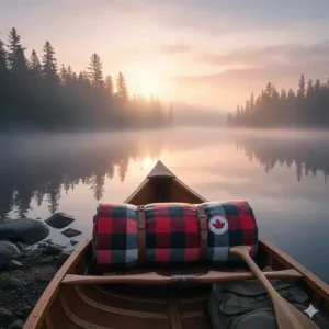 A rolled-up camping wool blanket with leather straps tucked into a wooden canoe on a misty Canadian lake at sunrise.