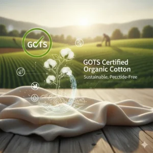 Illustration of a GOTS-certified organic cotton blanket highlighting sustainable, pesticide-free farming practices.