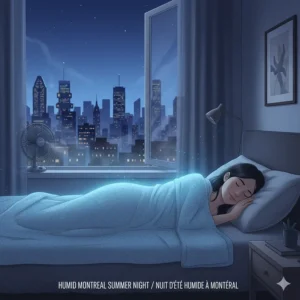 A person sleeping comfortably with a cooling blanket during a humid Montreal summer night.