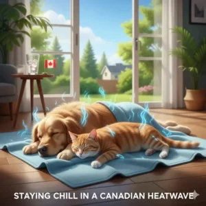 A golden retriever resting on a cooling blanket to stay chill during a Canadian heatwave.