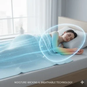 Illustration showing the breathable fabric technology of a cooling blanket wicking away body heat.
