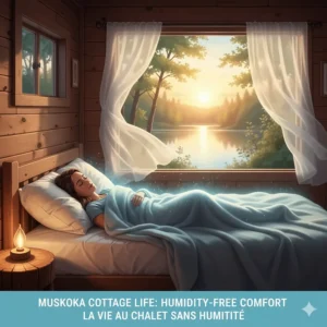 A person using a cooling blanket in a lakeside cottage to beat the humidity without air conditioning.