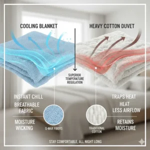 A diagram comparing the breathability of a cooling blanket versus a standard heavy cotton duvet.