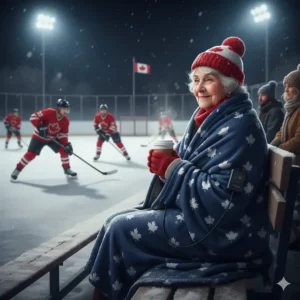 A spectator at a Canadian community hockey rink staying warm with a navy blue battery powered heated blanket on the bleachers.