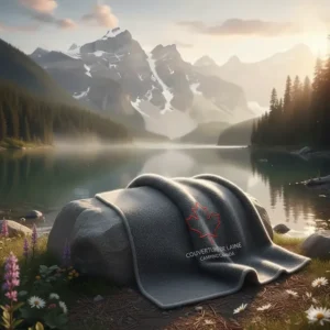A grey wool camping blanket (couverture de laine) featuring a red maple leaf logo, resting on a rock overlooking a glacial Canadian lake.