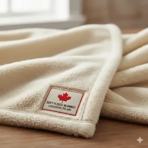 Close-up texture of a premium soft fleece blanket (couverture polaire) with a Canadian maple leaf tag.