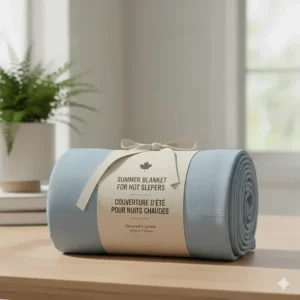 Stylized illustration of bedding labels featuring bilingual English and French text for the Canadian market.