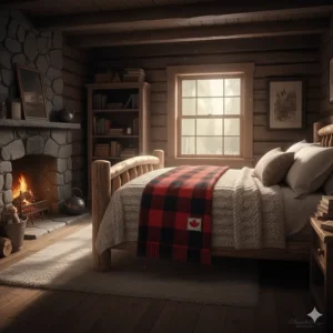 A classic red and black buffalo plaid camping wool blanket on a rustic log bed inside a cozy Canadian timber cabin with a fireplace.