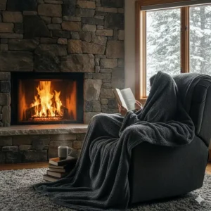 Person wrapped in a grey soft fleece blanket reading a book by a stone fireplace during a Canadian winter.