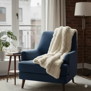 A small reading chair in a Montreal apartment styled with a decorative faux fur throw blanket and a book.