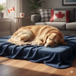 A Golden Retriever sleeping soundly on a plush navy blue soft fleece blanket in a sunlit room.