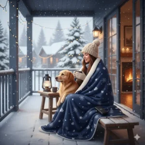 Close-up of the control interface and battery pack of a premium battery powered heated blanket in a rustic Muskoka cottage setting.