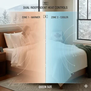Diagram showing independent heat zones on a dual control electric blanket queen for couples.