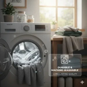 Illustration of a high-quality organic cotton blanket being machine washed, emphasizing long-lasting durability.