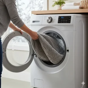 A person placing a grey washable weighted blanket cover into a modern high-efficiency washing machine.