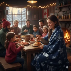 A stylish, eco-friendly battery powered heated blanket draped over outdoor furniture on a rainy Vancouver balcony with mountain views.