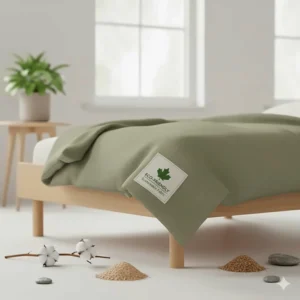 Illustration highlighting the sustainable, non-toxic fabric used in a premium washable weighted blanket cover.