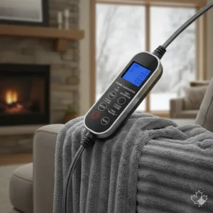 Graphic showing electric blanket controls with bilingual English and French labels (couverture chauffante) for the Quebec and broader Canadian market.