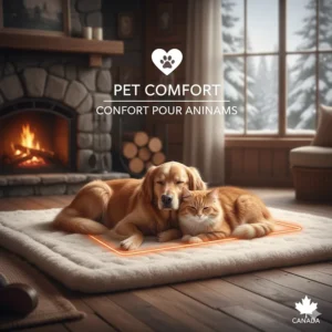 A cute illustration of a dog and cat curled up on a heated throw blanket in a cottage-style Canadian interior.