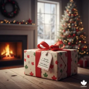 A festive illustration of a wrapped electric blanket as a thoughtful holiday gift for a Canadian winter.