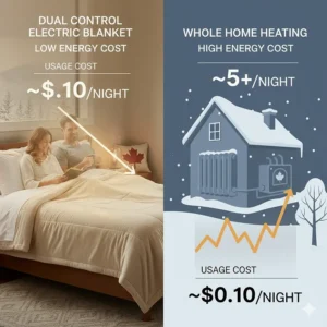 Illustration showing energy savings using a heated blanket during Canadian winters.