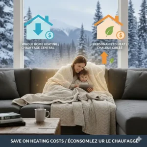 Illustration showing how using a heated throw blanket helps Canadian homeowners save on winter heating costs (couverture chauffante).