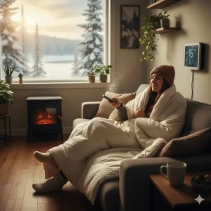 A person wrapped in a thick duvet to stay warm while lowering the thermostat in a Canadian house to save energy.