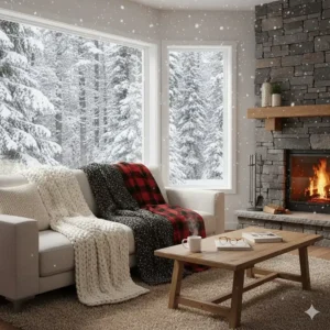 Illustration showing how high-quality winter blankets help Canadians stay warm and reduce heating costs during peak winter months.