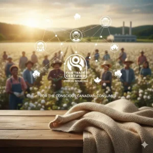 Illustration representing fair trade and ethical manufacturing of an organic cotton blanket for the conscious Canadian consumer.