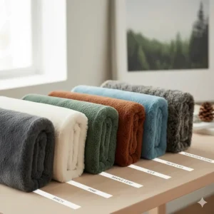 A variety of faux fur throw blanket colors including charcoal, birch, and pine green for Canadian home decor.