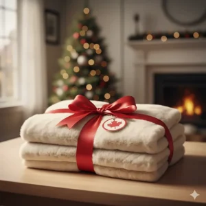 A folded faux fur throw blanket tied with a ribbon, perfect for a Canadian housewarming or holiday gift.