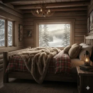 A rustic Muskoka-style cottage bedroom featuring a heavy faux fur throw blanket on a wooden bed frame.